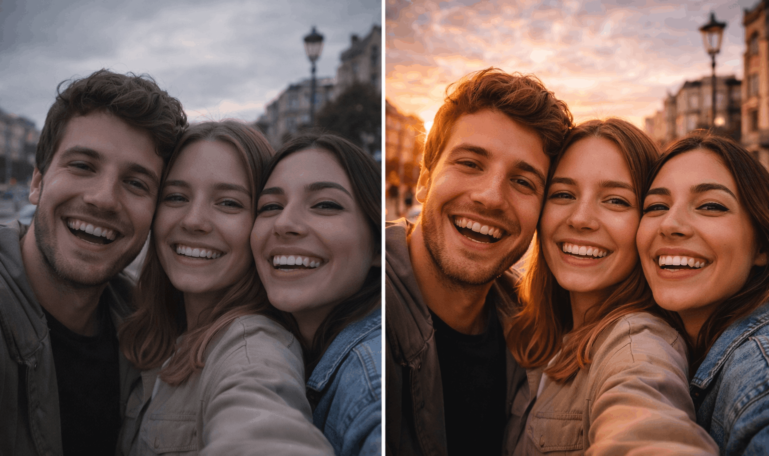 Beach sunset before and after