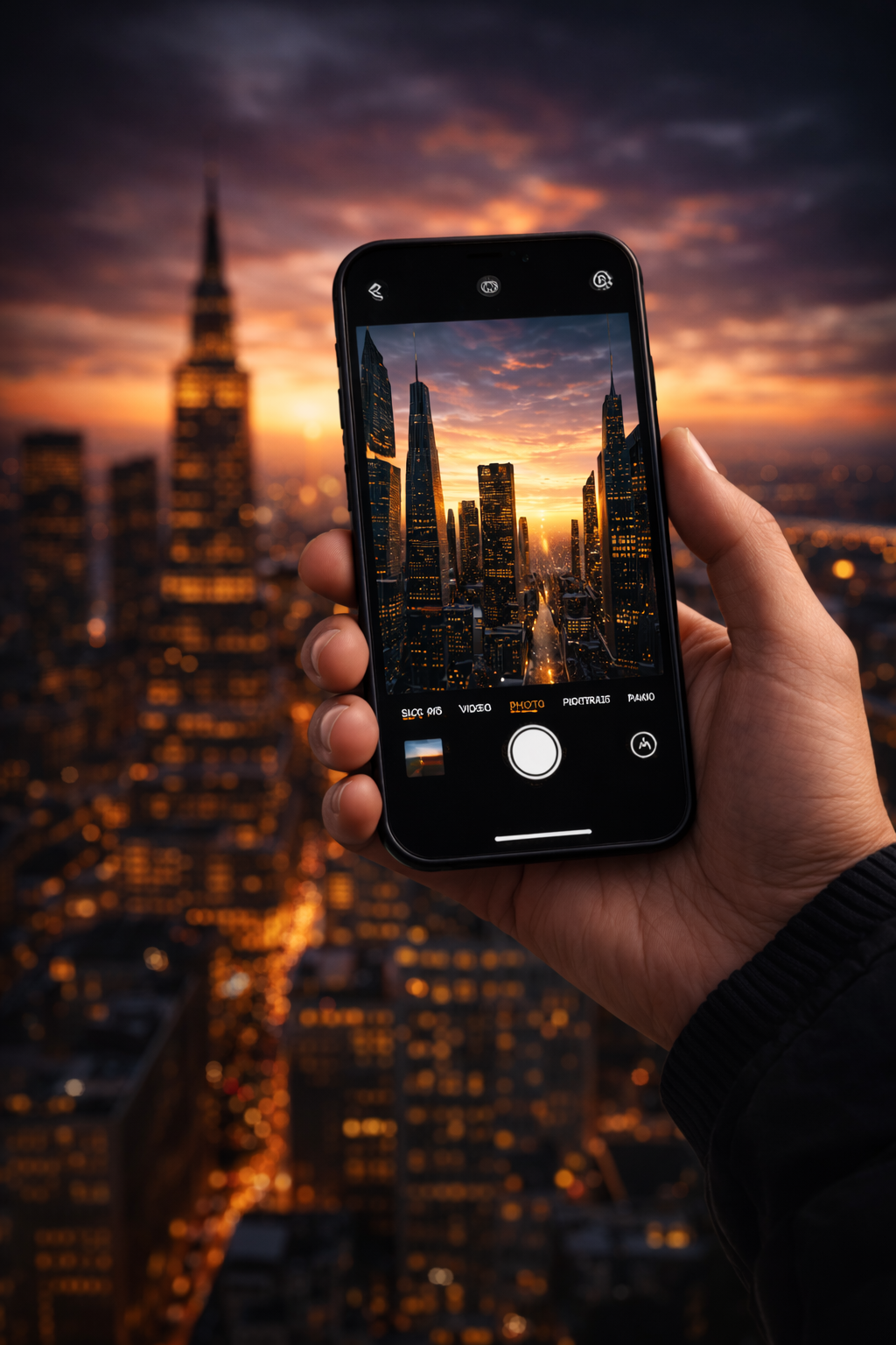 Smartphone capturing a city sunset